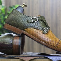 Handmade Men's Two Tone Python Leather Cap Toe Double Monk Buckle Dress Shoes - Thumbnail 1