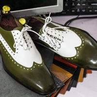 Handmade Men's Two Tone Leather Lace Up Wing Tip Dress Shoes - Thumbnail 1