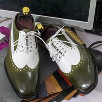 Handmade Men's Two Tone Leather Lace Up Wing Tip Dress Shoes - Thumbnail 1