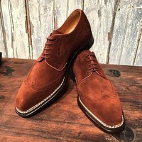 Men's Brown Suede Lace Up Wing Tip Handmade Office Shoes - Thumbnail 1