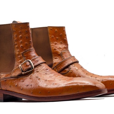 Ankle ostrich leather chelsea buckle style handmade boots for men's