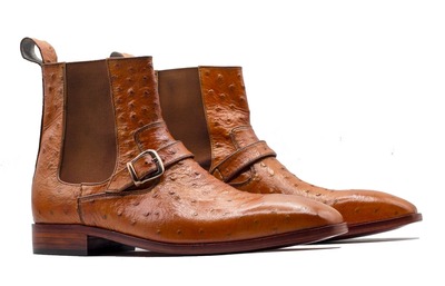 Ankle Ostrich Leather Chelsea Buckle Style Handmade Boots For Men's