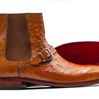 Ankle Ostrich Leather Chelsea Buckle Style Handmade Boots For Men's - Thumbnail 1