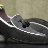 Handmade Men's Black Gray Loafer Shoes, Men Suede Leather Shoes - Thumbnail 1