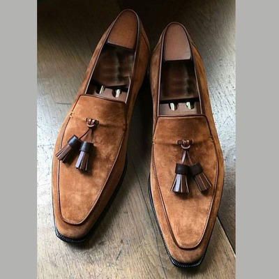 Light brown suede loafer slipper party dress men's fashion moccasin tussles shoes - Thumbnail 1