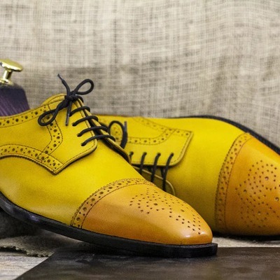 Handmade men's brown leather lace up cap toe fashion dress shoes