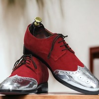 Handmade Burgundy Silver Lace Up Wing Tip Shoes - Thumbnail 2