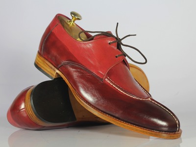 Men's Burgundy Handmade Leather Split Toe Lace Up Dress Shoes