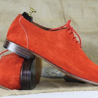 Men's Red Suede Lace Up Fashion Handmade Office Shoes - Thumbnail 1