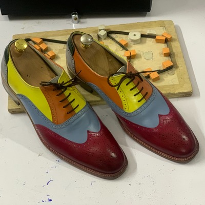 Handmade men's multi tone leather lace up wing tip fashion dress shoes - Thumbnail 3