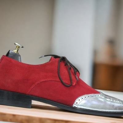 Handmade burgundy silver leather suede lace up wing tip shoes - Thumbnail 1