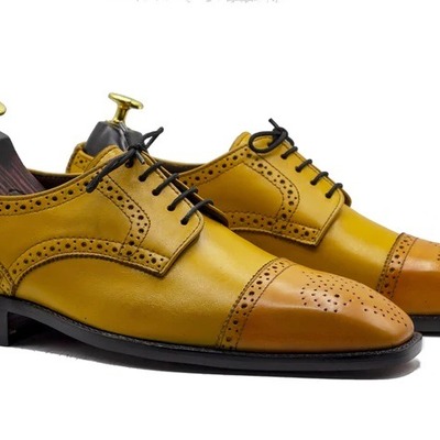 Handmade men's brown leather lace up cap toe fashion dress shoes