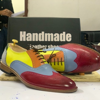 Handmade men's multi tone leather lace up wing tip fashion dress shoes