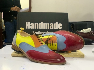 Handmade Men's Multi Tone Leather Lace Up Wing Tip Fashion Dress Shoes