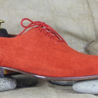 Men's Red Suede Lace Up Fashion Handmade Office Shoes - Thumbnail 2