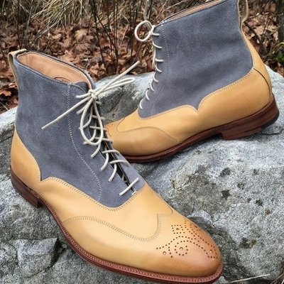 Men's two tone leather & suede lace up wing tip fashion ankle high boots - Thumbnail 3