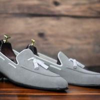 Hand Painted Grey Suede Shoes, Slip On Loafer Tussle Shoes For Men's - Thumbnail 1