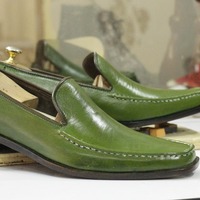 Handmade Men's Green Leather Fashion Slip On Loafer Shoes - Thumbnail 1