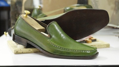 Handmade Men's Green Leather Fashion Slip On Loafer Shoes