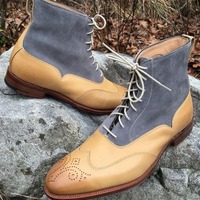 Men's Two Tone Leather & Suede Lace Up Wing Tip Fashion Ankle High Boots - Thumbnail 1