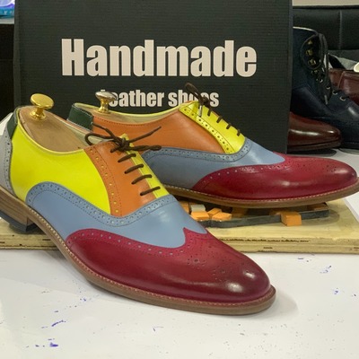 Handmade men's multi tone leather lace up wing tip fashion dress shoes