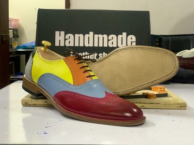 Handmade Men's Multi Tone Leather Lace Up Wing Tip Fashion Dress Shoes