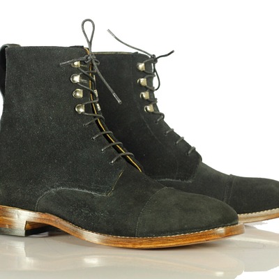 Handmade black suede cap toe style boot, men's lace up classic boot - Thumbnail 1