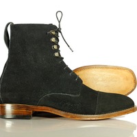 Handmade Black Suede Cap Toe Style Boot, Men's Lace Up Classic Boot - Thumbnail 2
