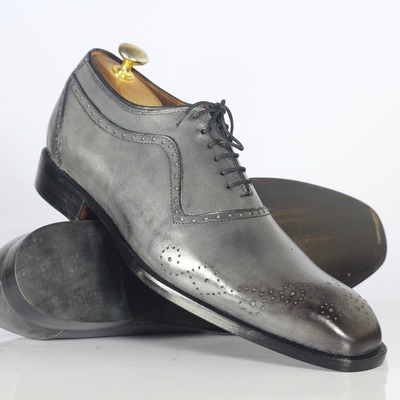 Men's handmade grey genuine leather shoes, dress shoes, brogue toe shoes - Thumbnail 1