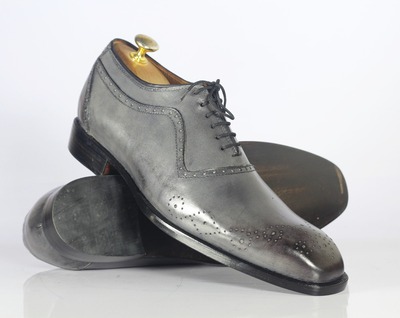 Men's Handmade Grey Genuine Leather Shoes, Dress Shoes, Brogue Toe Shoes