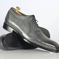 Men's Handmade Grey Genuine Leather Shoes, Dress Shoes, Brogue Toe Shoes - Thumbnail 1