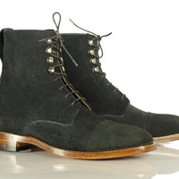 Fashion Men's Black Suede Lace Up Handmade Cap Toe Ankle Boots - Thumbnail 1