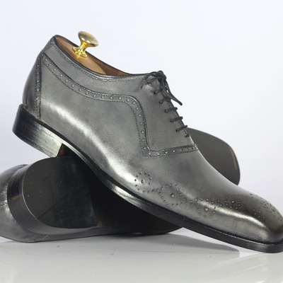 Men's lace up brogue toe gray leather fashion handmade dress shoes