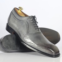Men's Lace Up Brogue Toe Gray Leather Fashion Handmade Dress Shoes - Thumbnail 1