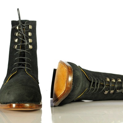 Fashion men's black suede lace up handmade cap toe ankle boots