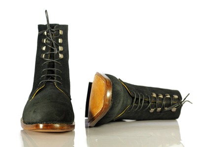 Fashion Men's Black Suede Lace Up Handmade Cap Toe Ankle Boots