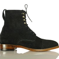 Fashion Men's Black Suede Lace Up Handmade Cap Toe Ankle Boots - Thumbnail 1