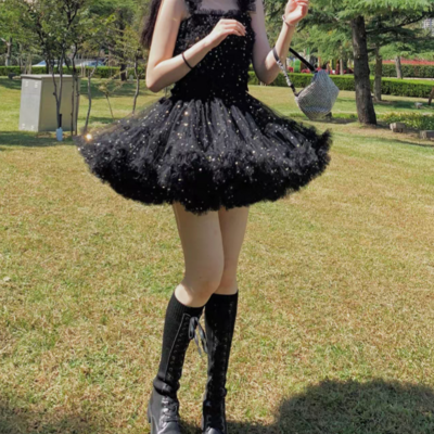Black mini tulle puffy a-line short birthday party skirt outfit high waisted sparkly layered tulle tutu skirt