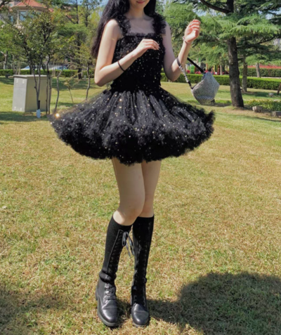 BLACK Mini Tulle Puffy A-line Short Birthday Party Skirt Outfit High Waisted Sparkly Layered Tulle Tutu Skirt