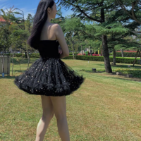 BLACK Mini Tulle Puffy A-line Short Birthday Party Skirt Outfit High Waisted Sparkly Layered Tulle Tutu Skirt - Thumbnail 3