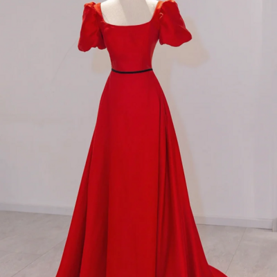 Elegant satin long prom dress, simple a line red evening party dress kpp1781