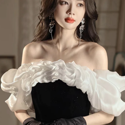 A line off shoulder velvet black long prom dress, black long evening dress kpp1782