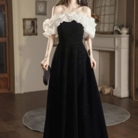 A Line Off Shoulder Velvet Black Long Prom Dress, Black Long Evening Dress KPP1782 - Thumbnail 1