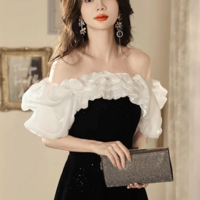 A Line Off Shoulder Velvet Black Long Prom Dress, Black Long Evening Dress KPP1782 - Thumbnail 2