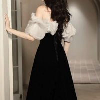 A Line Off Shoulder Velvet Black Long Prom Dress, Black Long Evening Dress KPP1782 - Thumbnail 3