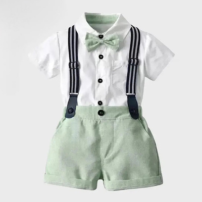 Baby toddler boys summer suit outfit short sleeve suspender shorts bowtie shirt 4pc set, free shipping