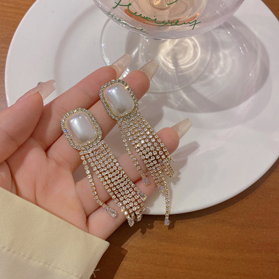 Light luxury long tassel zircon claw chain earrings - a624 - Thumbnail 5