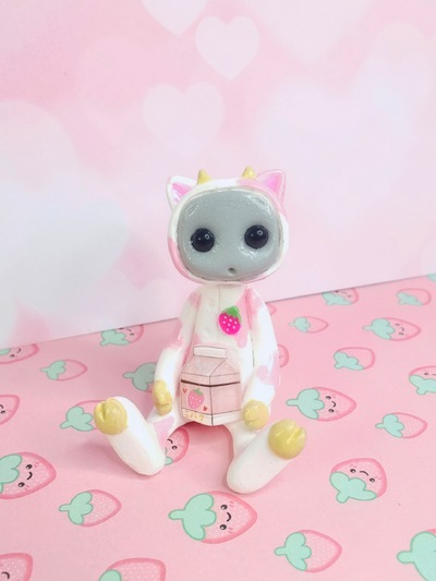 Strawberry Cow Robot Resin Art Toy Figure