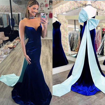 Royal blue prom dresses mermaid velvet with big bowknot - Thumbnail 2