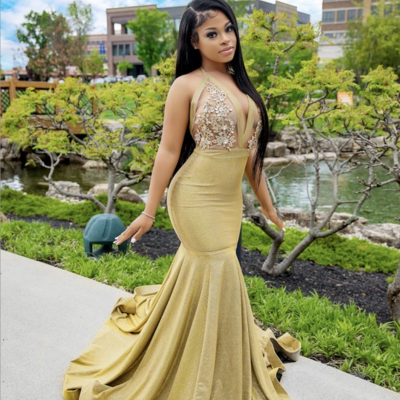 Gold prom dresses mermaid with lace - Thumbnail 1